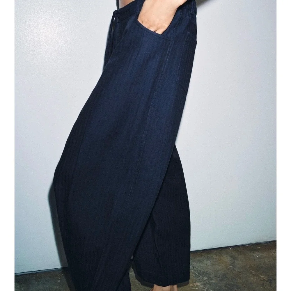 NWT Zara Woman ZW Collection Herringbone Textured Wide Leg Pants Navy Blue